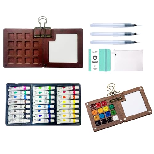 Mini Watercolor Paint Set, Portable 24-Color Travel Watercolor Kit with Brushes, Sketchbook & Copper Clip – Compact Pocket Watercolor Set for Artists, Beginners & Hobbyists