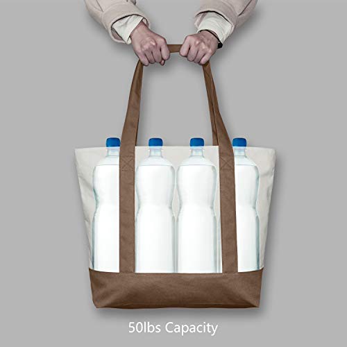 TOPDesign 1-Pack Canvas Tote Bag with an External Pocket, Reusable Grocery Shopping Bag, Top Zipper Closure, Daily Essentials (Brown/Natural) - color: Brown/Natural