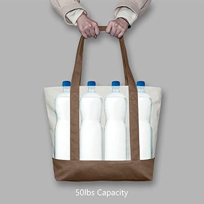 TOPDesign 1-Pack Canvas Tote Bag with an External Pocket, Reusable Grocery Shopping Bag, Top Zipper Closure, Daily Essentials (Brown/Natural) - color: Brown/Natural