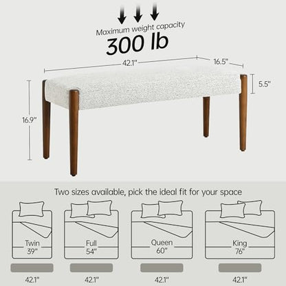 Usaint 42" End of Bed Bench with Wood Legs, Heathered White with Walnut Leg - color: Heathered Off-white With Walnut Leg