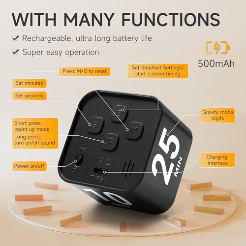 Rotating Productivity Timer, 5, 25, 10, 50 Minute Presets, Desk Cube | Gravity sensor with mute function; ADHD-friendly for work, study, kitchen and back to school - color: Black