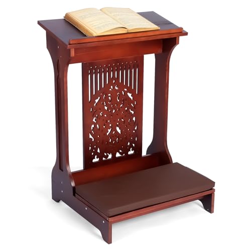 Colingmill Tree of Life Church Prayer Bench Stool Wooden Padded Kneeler with Shelf and Cushion Prayer Kneeler for Home Church Religious Gifts, 24 x 22 x 32 inches(Walnut Color)