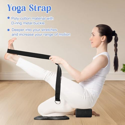 RoundFunny 5 Pcs Yoga Blocks Knee Pads Yoga Strap Set Soft Premium Foam Blocks Accessories for Pilates Meditation General Fitness Stability, Kneeling, Balance, Deepen Stretches and Toning - color: Black