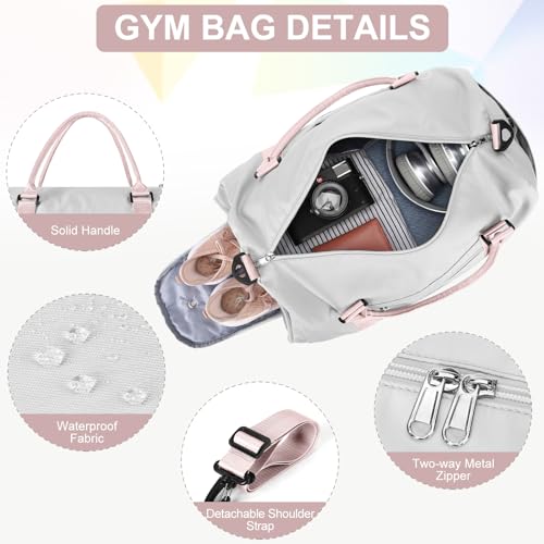 Gym Bag Womens with Shoes Compartment Travel Duffel Bag Grey Pink - color: B12-Grey&Pink+Toiletry Bag