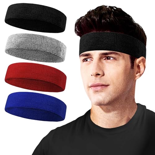 Sweatbands Sport Headbands for Men & Women, Sweat Head Bands Moisture Wicking Sport Headband Cotton Sweatbands for Basketball, Athletic Exercise, Running - color: Black/Gray/Blue/Red