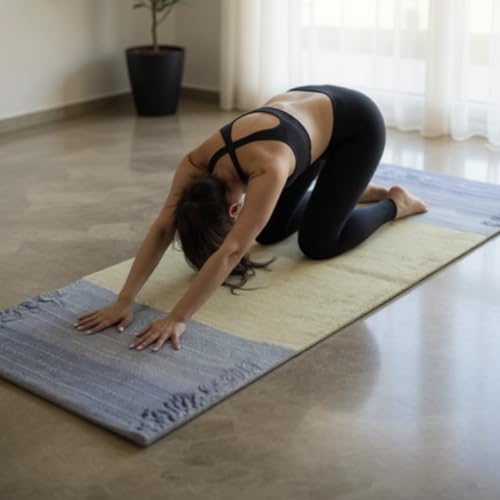 Indian Handmade100 % Organic Anti Skid Multi Colour Cotton Yoga Mat - Eco-Friendly Hand-Woven Rug - Non-Slip & Thick (24”x72”x5mm) for Hot yoga & Everyday Fitness at Home - Comfortable & Foldable Extra-Long Mat - color: Multi 17