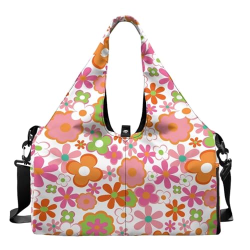 Hippie Floral Gym Bag with Shoe Compartment Hygienic Yoga Bags with Double Zipper & Yoga Mat Holder Sports Duffel Bags, Pink Sports Bag for Sport Exercises - color: Hippie Floral