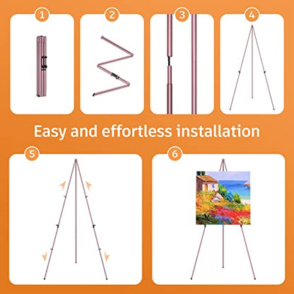 Easel Stand for Display, Aredy 63" Portable Painting Easel, Lightweight Metal Easels for Painting Canvas, Wedding Sign (4 Pack, Pink) - style: 4 pack (PINK)