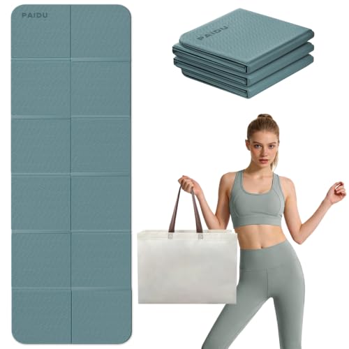 PAIDU Foldable Yoga Mat, 70"x24"x0.31" TPE Non-Slip Mat with Bag - color: Dark green + Grey