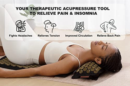 UNMERA Acupressure Mat and Pillow Set,Natural Linen & Coconut Fiber Filling | Back/Neck Pain Relief, Sciatic, Headache and Muscle Relaxation, Comes with Carrying Bag - color: Black