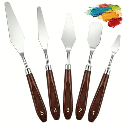 5pcs Palette Knife Painting Stainless Steel Spatula Wood Handle | Oil Paint Knives, for Oil Painting, Acrylic Painting, Paint Mixing, Texture Art, Canvas and Artist Use - color: Brown-5pcs
