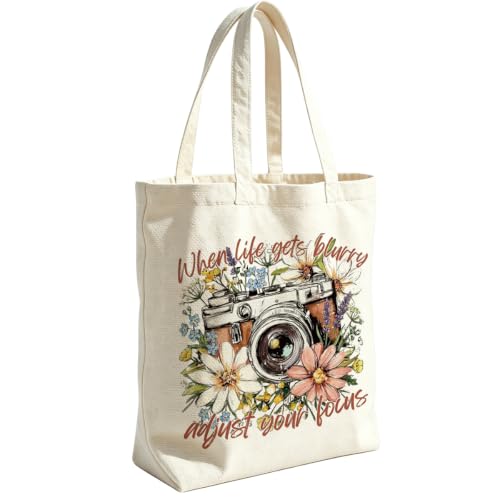 VICBOU Vintage Camera Canvas Tote Bag for Women Birthday,Mental Health Shoulder Bag with Pocket for Grocery Shopping Beach - color: Camera01