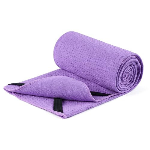 MICROFI Microfiber Hot Yoga Towel Mat, 24 x 72 inches, with Non-Slip Silicone Grip, Secure Fit Elastic Straps (Purple) - color: Purple