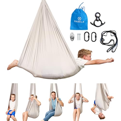 Harkla Sensory Swing for Kids & Adults, Holds 300lbs, Indoor Swing | Hug Like Calming Effect and Durable Soft Stretch Fabric - Easy Assembly, Heavy Duty Hardware and 3rd Party Tested - color: Gray, size: 110" Swing + No Swivel