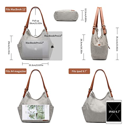 Worldlyda Women Canvas Hobo Purse Multi Pocket Tote Shopper Shoulder Bag Casual Top Handle handbag with Embroidery Ethnic - color: Be06grey