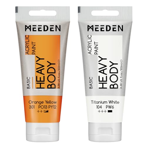 MEEDEN Acrylic Paint Orange Yellow: 100ml/3.38oz x 2 with Titanium White | Heavy Body Artist Acrylic Paint Set for Canvas, Wood & Craft, Non-toxic Creamy Art Paint with Titanium White for Mixing - color: Orange Yellow, size: 2 Tubes