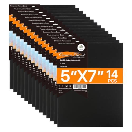 CONDA Black Canvas Panels 5x7 inch, Pack of 14, 100% Cotton Acid-Free, 8 oz Gesso-Primed, Art Boards for Oil & Acrylic Painting - size: 5"x7"