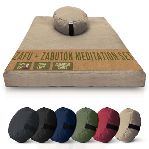 Meditation Cushion Mat Set HEMP - Round Zafu Floor Pillow Organic Buckwheat Pillow + Cotton Filled Zabuton Prayer Pad - Meditation Pillow Yoga Knee Pad - Made in USA - 14" Round, NATURAL Hemp - color: Natural - Hemp, size: Round Combo