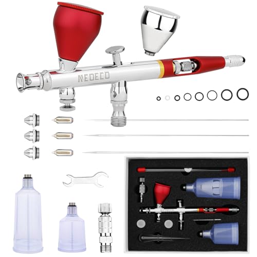 NEOECO SJ83 Airbrush, Self-Centring Plug-in Nozzle，0.2, 0.3 & 0.5mm Nozzle Sets and 1/3 oz Cup, Dual-Action Gravity Feed Airbrush with 1/3 oz,2/3 oz,4/3 oz Replacement Cups (RED) - color: RED