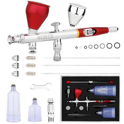 NEOECO SJ83 Airbrush, Self-Centring Plug-in Nozzle，0.2, 0.3 & 0.5mm Nozzle Sets and 1/3 oz Cup, Dual-Action Gravity Feed Airbrush with 1/3 oz,2/3 oz,4/3 oz Replacement Cups (RED) - color: RED