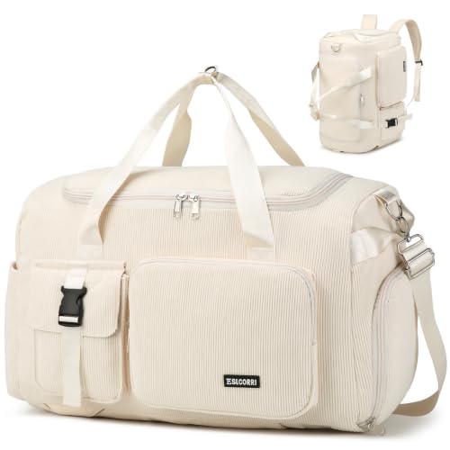 Eslcorri Gym Duffle Bag for Women Men, Sports Backpack with Wet & Shoe Compartment, Fitness Overnight Weekender Bag for Yoga, Swim, Travel (Corduroy, Corduroy Beige) - color: Corduroy Beige