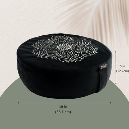 Black Velvet Embroidered Meditation Cushion - Buckwheat Filled with Lavender and Removable Foam Pad - Ideal for Yoga, Stress Relief, Mindfulness, and Holistic Living