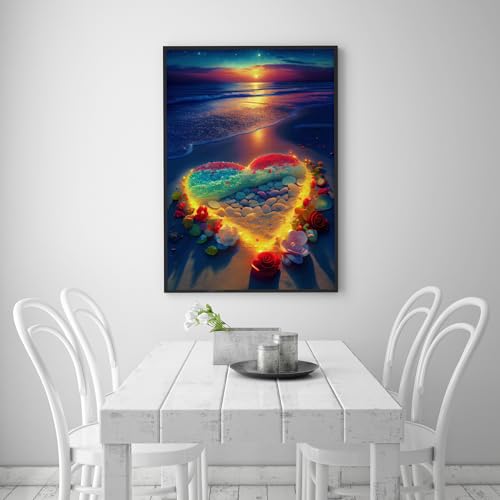 KINPLUB Heart Beach Diamond Painting Kits for Adults, 5D Sunset Diamond Art Kits for Beginners, DIY Full Drill Seaside Paint with Round Diamond Dots, Home Wall Decor 12 x 16 Inch - color: Beach Love