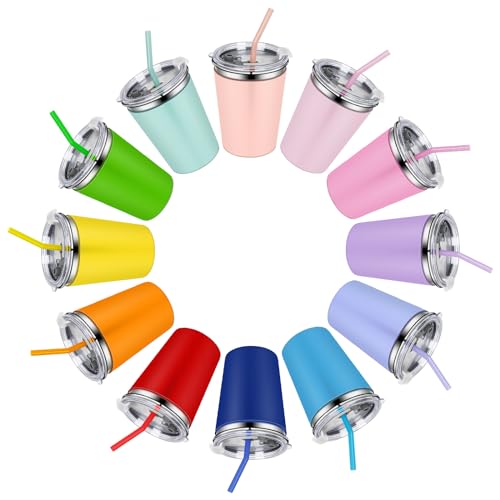 12 Pack Kids Cups Spill Proof, Metal Drinking Glasses for Home & Outdoor | 12oz Stainless Steel Sippy Cup with Straws and Lids, Water Tumbler with Colorful Silicone Sleeves for Kids and Adults - color: 12 Multi Color