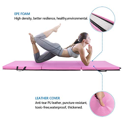 Bonnlo Folding Exercise Aerobics Mat, 6ft x 2ft x 2in PU Leather Mats with Carrying Handles with Hook & Loop Fastener for MMA, Stretching, Cheerleading Martial Arts,Gymnastic - color: Pink