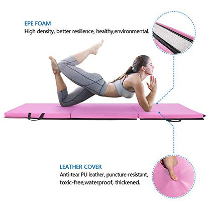 Bonnlo Folding Exercise Aerobics Mat, 6ft x 2ft x 2in PU Leather Mats with Carrying Handles with Hook & Loop Fastener for MMA, Stretching, Cheerleading Martial Arts,Gymnastic - color: Pink