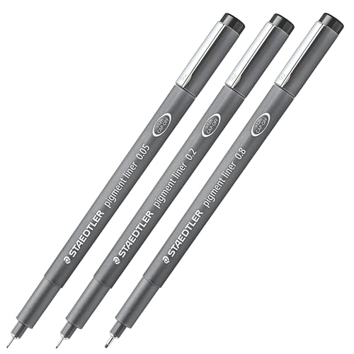 Staedtler Pigment Liner Pack, Black, 3 Pens, Assorted Line Widths 0.05mm/0.2mm/0.8mm, 308-9SBK3