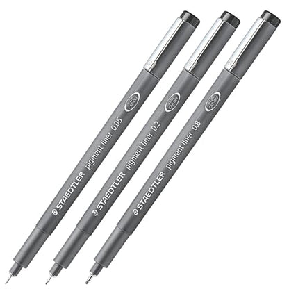 Staedtler Pigment Liner Pack, Black, 3 Pens, Assorted Line Widths 0.05mm/0.2mm/0.8mm, 308-9SBK3