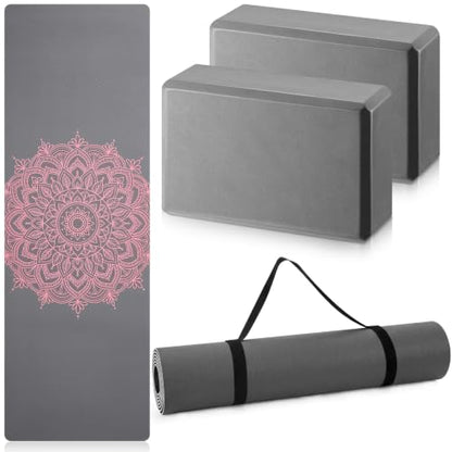 Tinideya 3 Pcs Yoga Mat and Blocks Set 6mm Non Slip Strap - color: Dusty Blue