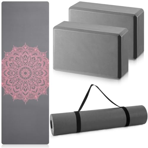 Tinideya 3 Pcs Yoga Mat and Blocks Set 6mm Non Slip Strap - color: Dusty Blue