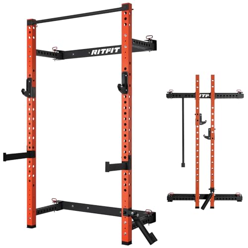 RitFit 2.36'' x 2.36'' Folding Squat Rack for Home Gym, Wall Mounted Squat Rack with Attachments - Space Saving Squat Power Rack - color: Orange, style: Folding Squat Rack with Safebar
