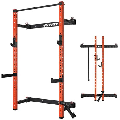 RitFit 2.36'' x 2.36'' Folding Squat Rack for Home Gym, Wall Mounted Squat Rack with Attachments - Space Saving Squat Power Rack - color: Orange, style: Folding Squat Rack with Safebar