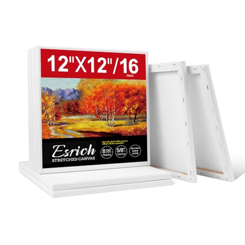 ESRICH Stretched Canvas for Painting 12x12 Inch, 16 Pack Painting Square Canvas Bulk-5/8 in Profile Primed Cotton White Blank Canvases for Painting for Oil & Acrylic Paint - size: 12x12in-16Pack