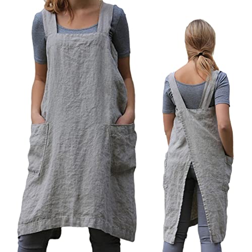 ZQFFB Pinafore Cross Back Apron for Women with Pockets | Japanese Style Kitchen Apron with Convenient Front Pockets, Smock for Cooking, Gardening, Pottery and Painting - color: Grey, size: X-Large