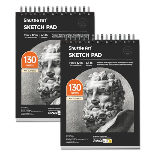 Shuttle Art 9”x12” Sketch Pad, 260 Sheets (68lb/100gsm) Drawing Pad, Pack of 2, 130 Sheets Each, Spiral Bound Sketch Book, Durable Acid-Free Drawing Paper, Great Sketch Pad for Kids, Teens & Adults - size: 130 Sheets x 2