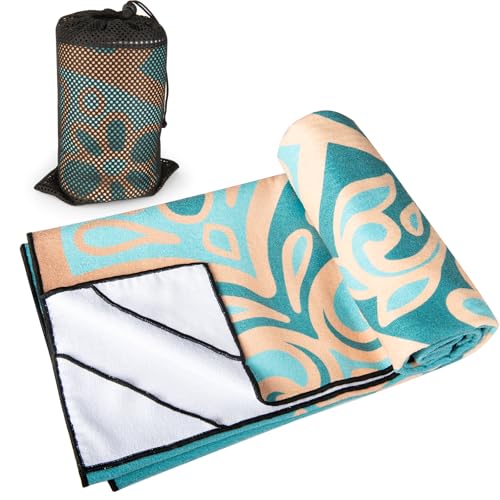 Hot Yoga Towel with Grip Dots, Non Slip, 70"x26, Turquoise Gold Mandala | Sweat Absorbent Yoga Mat Towel, Portable with Travel Bag, Catching Eyes Design, For Hot Yoga, Bikram, Pilates and Fitness - color: Turquoise Gold Mandala, size: 70" x 26"