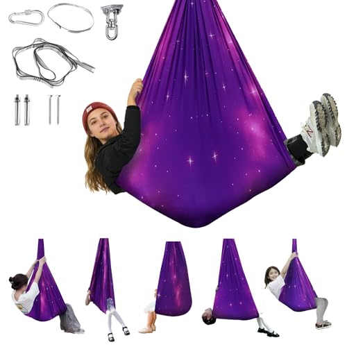 Aokitec Sensory Swing Kids & Adults, Double-Layer Indoor Outdoor Hammock | Therapy swing, Special Needs, Autism, Adjustable, Double-layer Polyester Holds 300LB, Swivel Hanger, All Hardware Included - color: Galaxy Purple