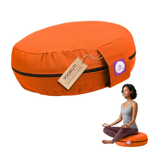 Yogikuti 100% Cotton Meditation Cushion (Round) with Handle | Firm & Comfortable Yoga Cushion | Removable Washable Cover | Floor Seating Support for Meditation, Yoga & Pranayama - color: Orange