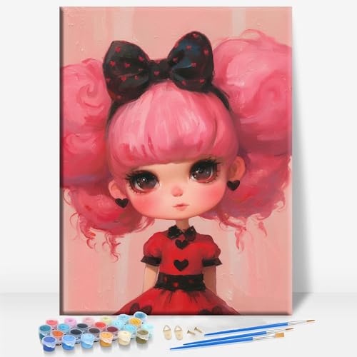 Aeontinity Pink HAIRED Doll Gothic Framed Canvas DIY Paint by Numbers Kit Bar Cafe Cave Home Room Wall Bathroom Porch Patio Decor Gift, 16 x 12 Inch - color: PINK HAIRED DOLL