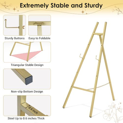 47" Gold Easel Stand for Sign, Large Heavy Duty Metal Display, 4-Tier | Sturdy Art Easel with Adjustable Chain & Non-Slip Feet for Wedding, Painting, Party, Posters, Commercial, Foldable - color: Gold
