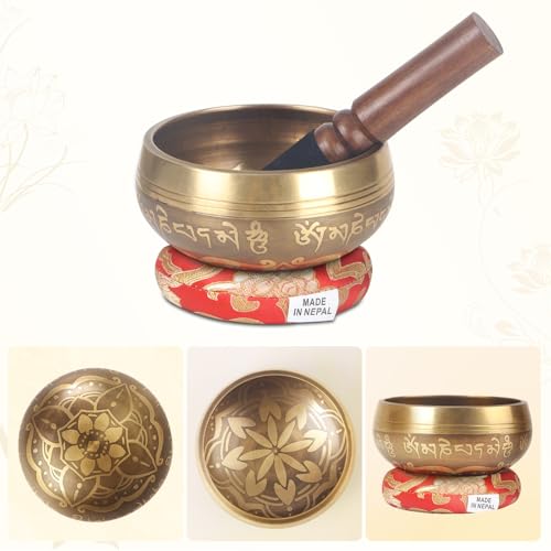 Kmise Tibetan Singing Bowls Set- Handmade in Nepal Meditation Sound Bowls for Yoga, Meditation, Mindfulness, Healing and Chakra Balancing, Stress Relief (3.5', Gold Flower) - color: 3.5inch Golden Flower