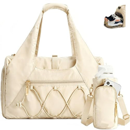 Gym Bag for Women, Yoga Mat Bag with Shoe Compartment and Wet Pocket, Sport Yoga Gym Bag with Yoga Strap, Carryall Yoga Tote Bag - color: Beige