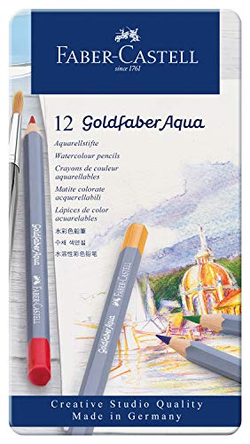 Faber-Castell Goldfaber Aqua Watercolor Pencils - Pre-Sharpened Water Colored Pencils (12 Count) | Shatterproof and fully water-soluble watercolour pencils in metal case