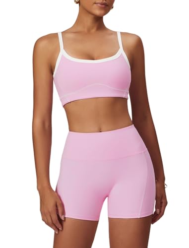QBGJTD Two Piece Women Workout Sets Color Block Sports Bra and Scrunch Butt Lifting Shorts Gym Yoga Outfits - color: Pink, size: Small