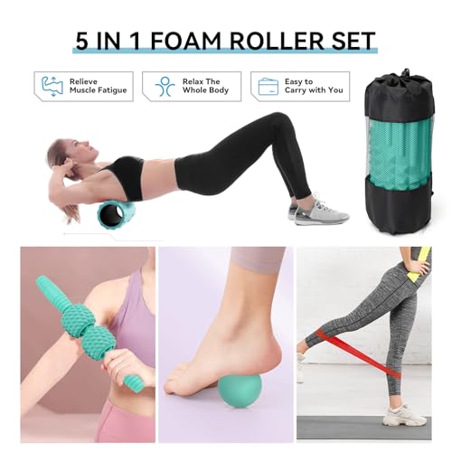 5 in 1 Foam Roller Set, High Density Patented Exercise Roller - color: Tiffany Green