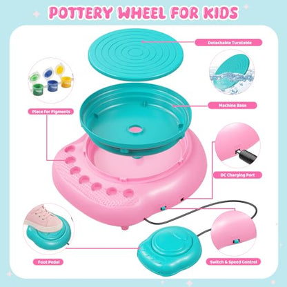Weilim Pottery Wheel for Kids Beginners, Air-Dry Clay & Paint Kit Ages 6-12 | 3 Clay Packs, 14 Paint Colors, Sculpting Tools, Brushes, Palette,Apron; Gentle Beginner Spin, USB Rechargeable, No Oven - color: Easter